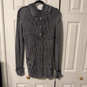 Women's Hooded Heavy Knit Burnout Grey/Black Long Sleeve Sweater - Size Jr. XL